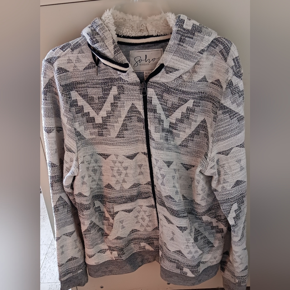 Grey and White Patterned Zip Up Hoodie